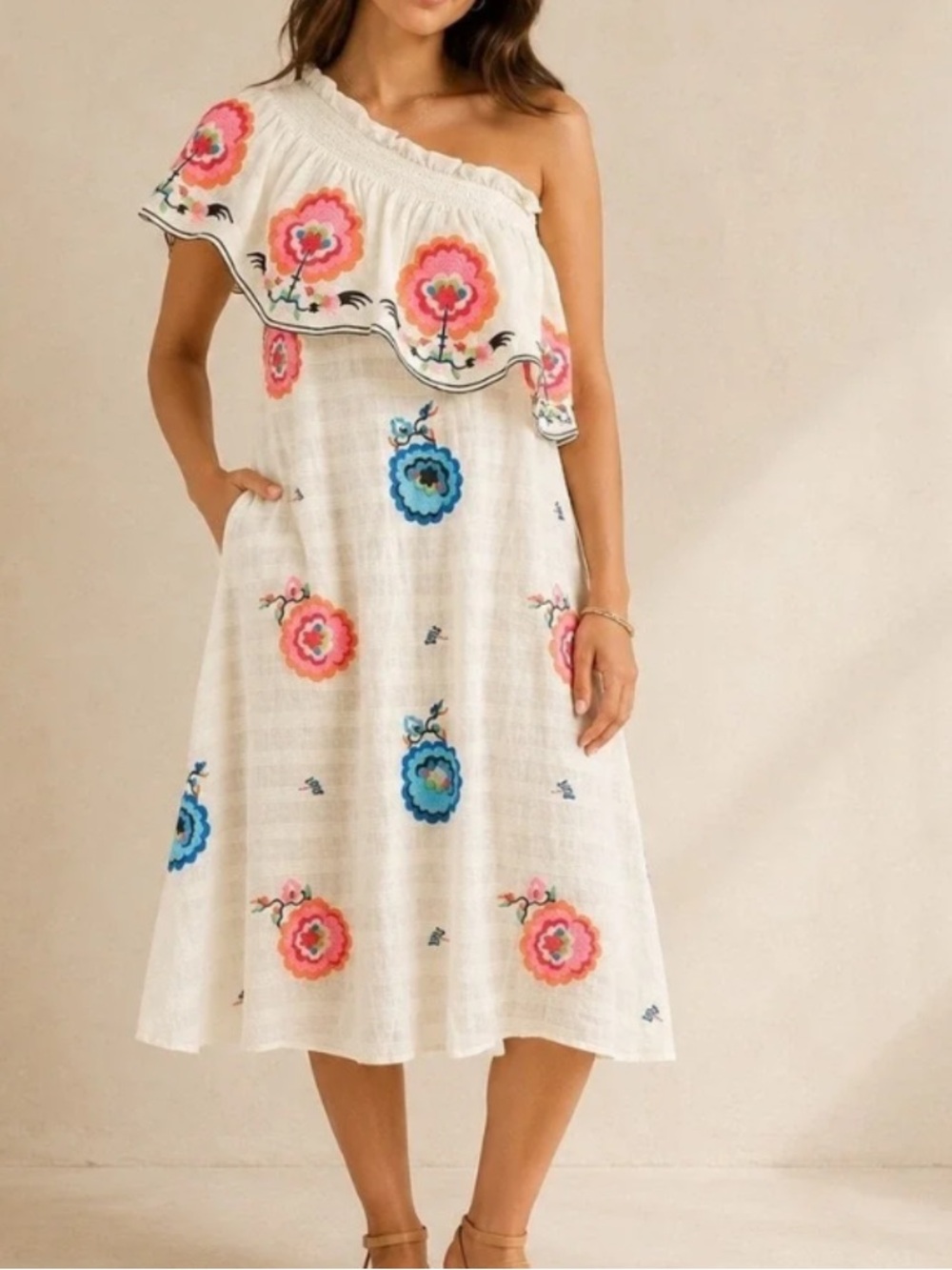 Anthropologie NWT Tracy Reese plenty Cream One-Shoulder Floral Embroidered Midi